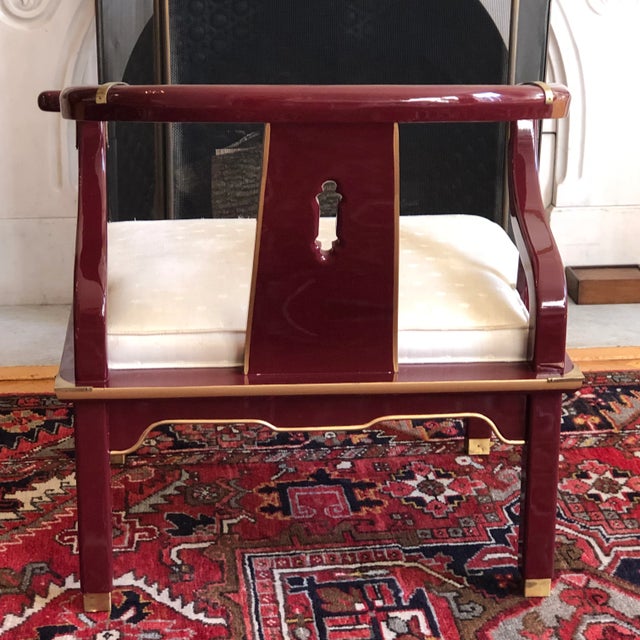 1970s James Mont-Style Oxblood Red Horseshoe Chinoiserie Accent Chair For Sale In Baltimore - Image 6 of 12