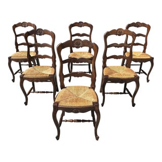 1910s Vintage French Country Provencal Solid Oak Rush Seat Dining Chairs - Set of 6 For Sale