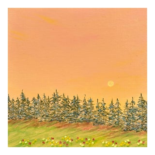 A Day Ends 6" X 6" Acrylic Painting Forest Sunset Landscape Original Wall Art For Sale