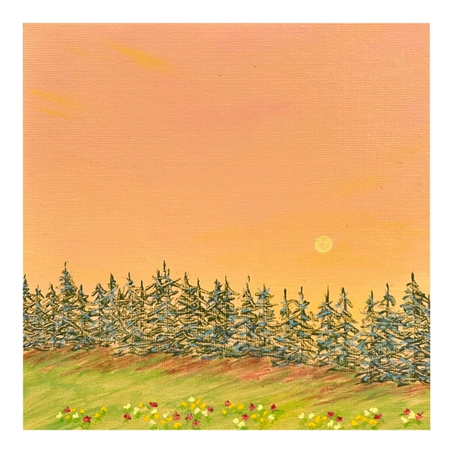 A Day Ends 6" X 6" Acrylic Painting Forest Sunset Landscape Original Wall Art For Sale