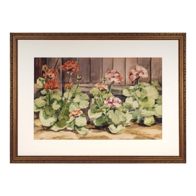 Vintage Watercolor Painting of Flowers Along a Fence by Marie Sheehy Walker For Sale