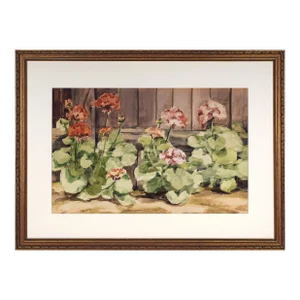 Vintage Watercolor Painting of Flowers Along a Fence by Marie Sheehy Walker
