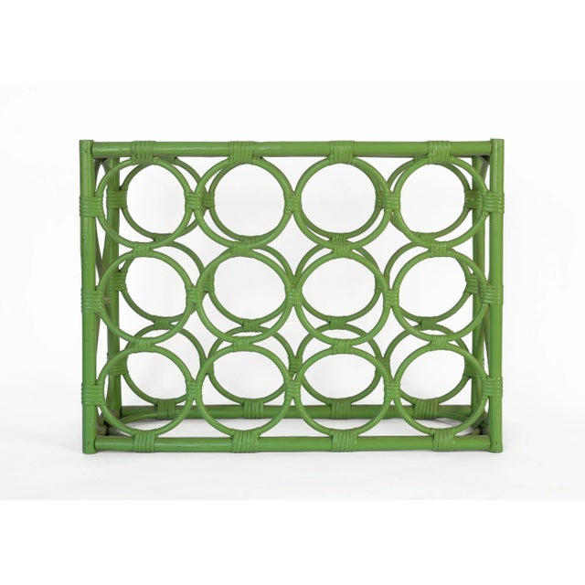 Boho Chic Vintage 1970s Boho Green Rattan 12-Bottle Wine Rack For Sale - Image 3 of 13