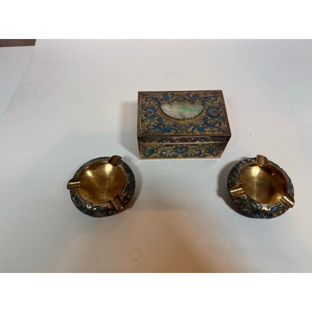Vintage Chinese Export Silver & Enamel Smoking Set, Cigarette Holder & Pair of Ashtrays For Sale - Image 11 of 11