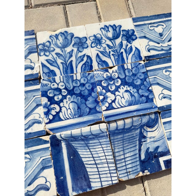 Antique 18th Century Portuguese Floral Still Life in a Wicker Basket Tile Panel For Sale - Image 6 of 10