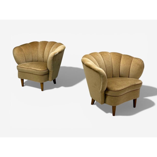 Finnish Modern, Lounge Chairs, Beige Velvet, Wood, Finland, 1950s For Sale - Image 4 of 10