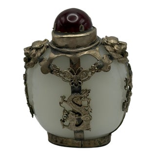 Opaline Glass Snuff Bottle Embellished With Silver Tone Dragons and Lions For Sale