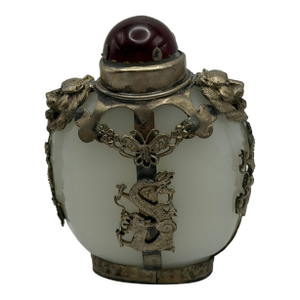 Opaline Glass Snuff Bottle Embellished With Silver Tone Dragons and Lions