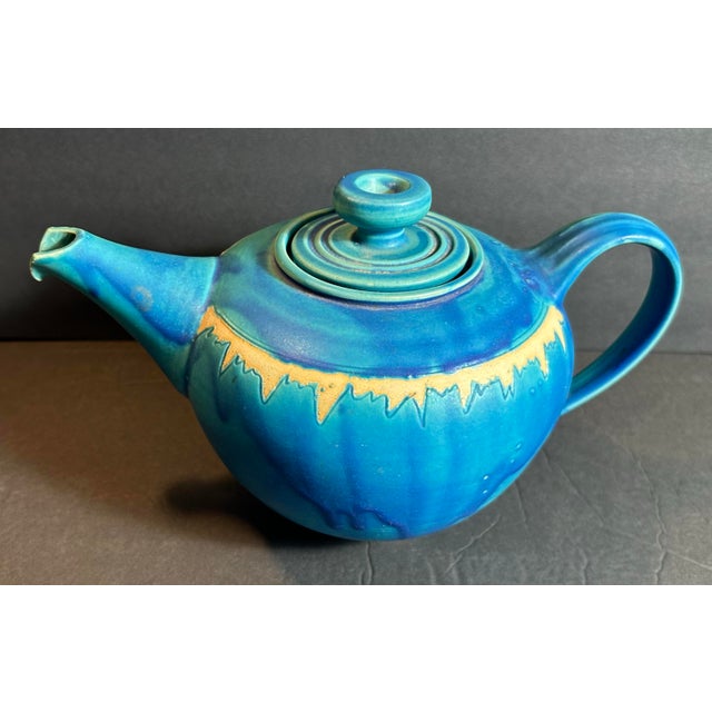 Arts & Crafts 1980s Blue Drip Glazed Stoneware Studio Pottery Teapot For Sale - Image 3 of 9