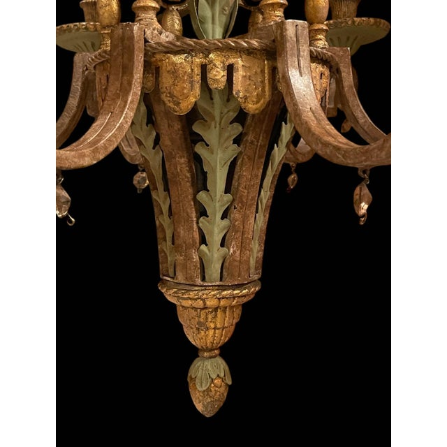Metal Large Currey & Co Tole Leaf Hollywood Regency Six Light Chandelier (2 Available) For Sale - Image 7 of 9