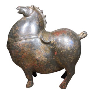 Antique Bronze Tang Style Horse Sculpture – 6.5" Gilt & Red Pigment Figure For Sale