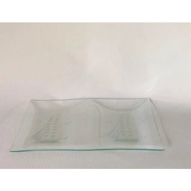 1980s Vintage Clear Glass With Etched Nautical Ship Design Platter For Sale - Image 5 of 5