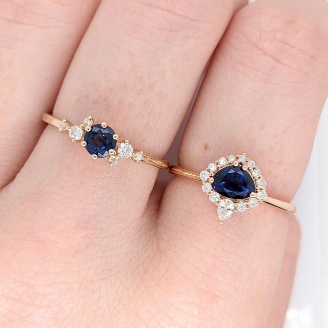 Trillion 6x4.5mm Ceylon Sapphire Ring W Earth Mined Diamonds in Solid 14k Gold, Size 6.75 For Sale - Image 11 of 12