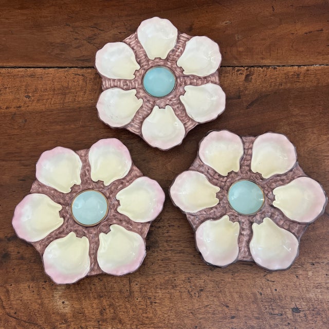 French Antique 1800s French Porcelain Blue Center 6 Well Oyster Plates- Set of 3 For Sale - Image 3 of 11