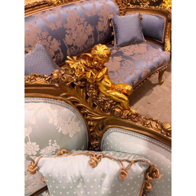 Rococo Vintage Cherub Rococo Settee upholstery Aqua Blue Damask Canapa For Sale - Image 3 of 7