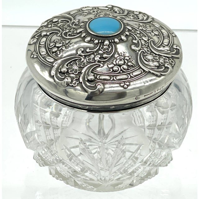 American Brilliant Cut Glass, Sterling & Turquoise Dresser Jar, by Whiting USA, circa 1900s, by Frank M. Whiting Silver...