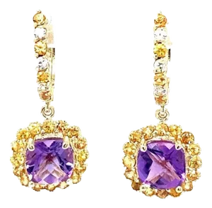 Amethyst Sapphire 14k Yellow Gold Drop Earrings - 2 Pieces