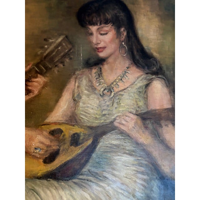 Mid Century Oil on Canvas - Two Women Playing Guitar (And a Mandolin) Signed For Sale - Image 4 of 10