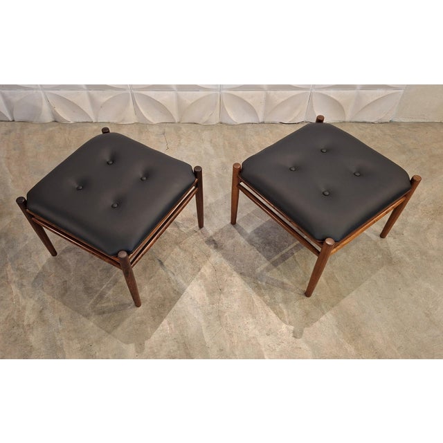 Mid-Century Modern Indian Rosewood and Leather Reversible Stools by Alf Svensson for Bodafors, 1960s, Set of 2 For Sale - Image 3 of 12