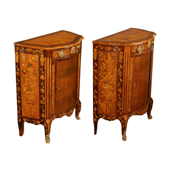 A very fine pair of 18th century antique French Lois XV marquetry inlaid and ormolu mounted rosewood, walnut and...