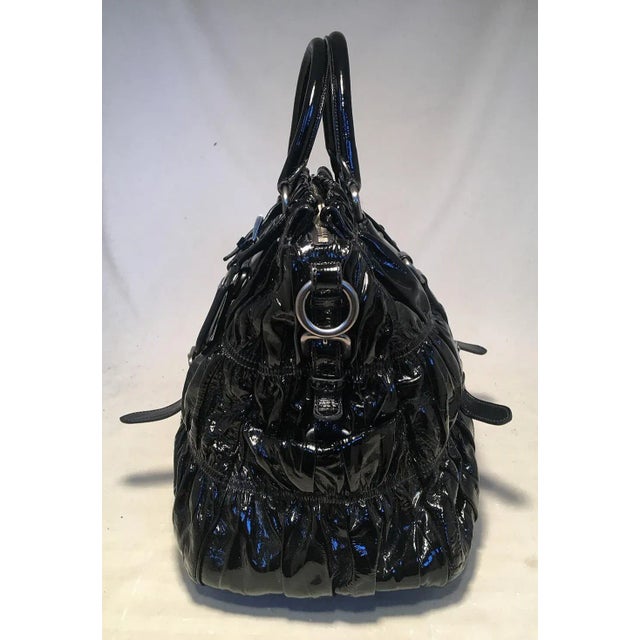 Prada Black Patent Leather Gaufre Ruched Handbag Tote in excellent condition. Black patent leather exterior in signature...