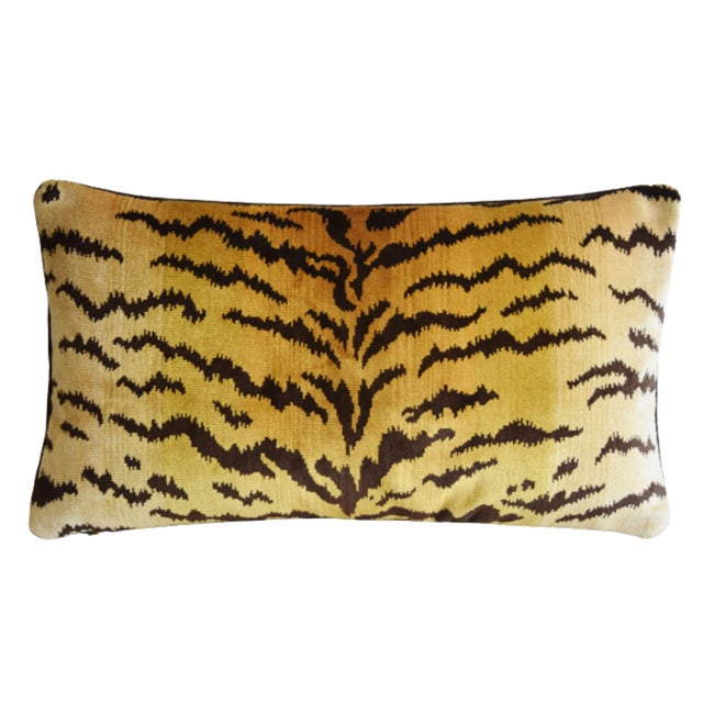 Custom-tailored Italian Scalamandré pillow in luxurious silk-blend velvet fabric called "Le Tigre (Tiger)." Gold velvet...