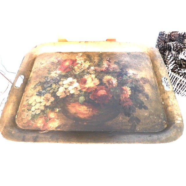 Gold Antique Hand-Painted French Floral Large Tole Tray For Sale - Image 8 of 12