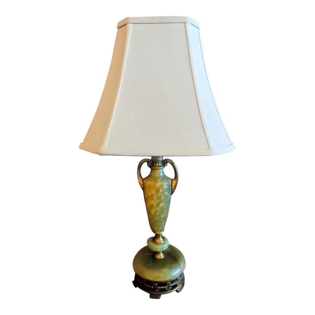 Vintage Green Onyx Marble Urn Trophy Brass Table Lamp Art Deco Nouveau Heavy For Sale