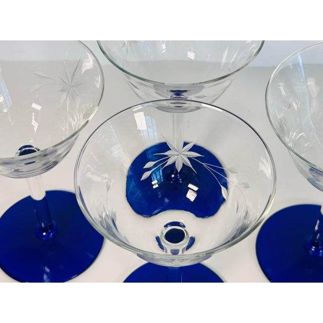 Mid-Century Modern Vintage 1960s Cobalt Footed & Floral Etched Clear Coupe Stems, Set of 4 For Sale - Image 3 of 6