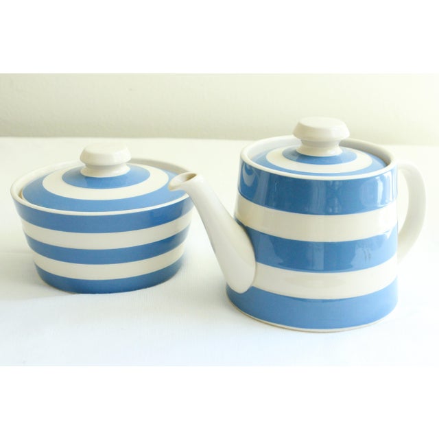 Handmade in England Striped Stonware Cornishware Teapot/Butter Dish For Sale - Image 4 of 9