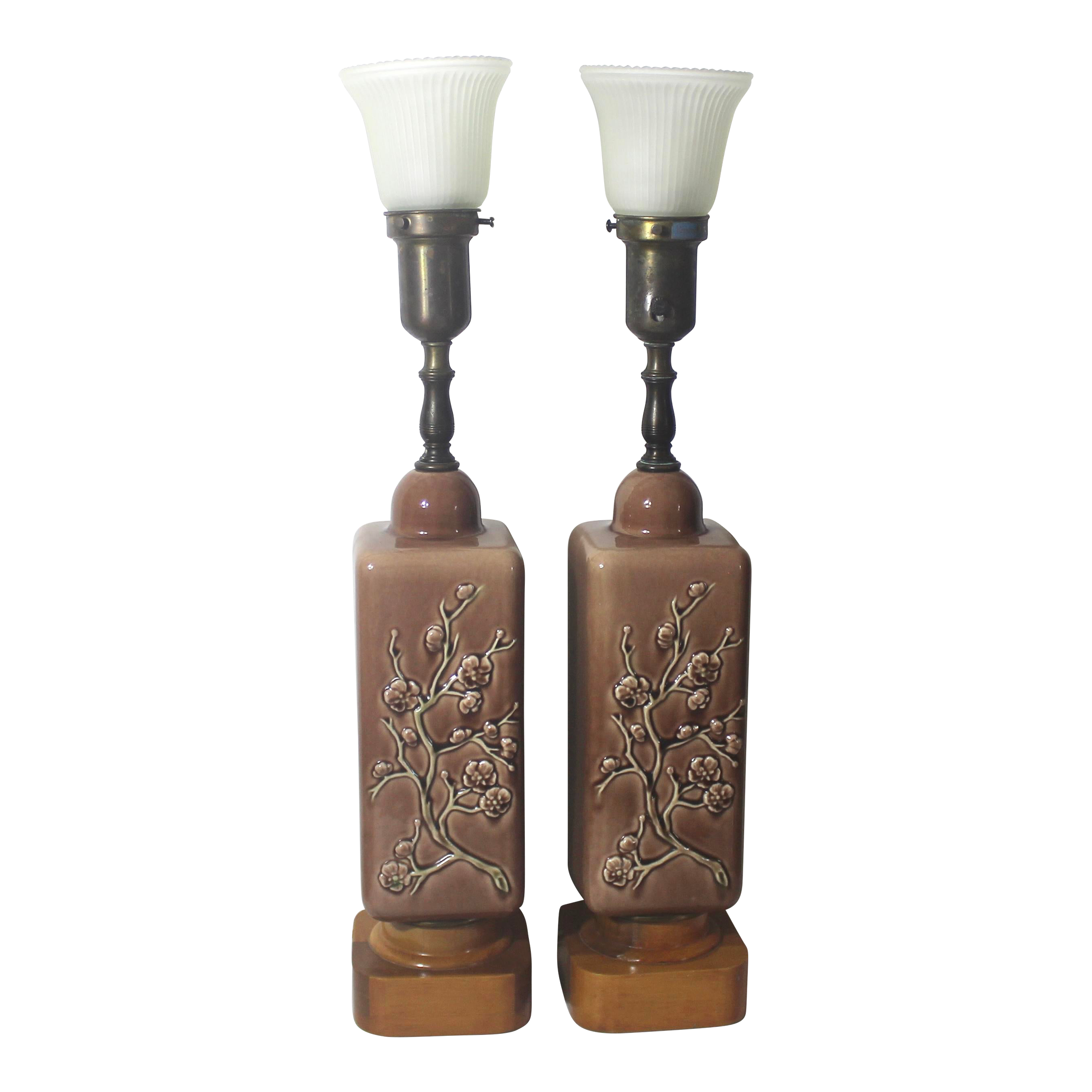 1940's Rembrandt Chinoiserie Floral Ceramic Torchiere Lamps Brown