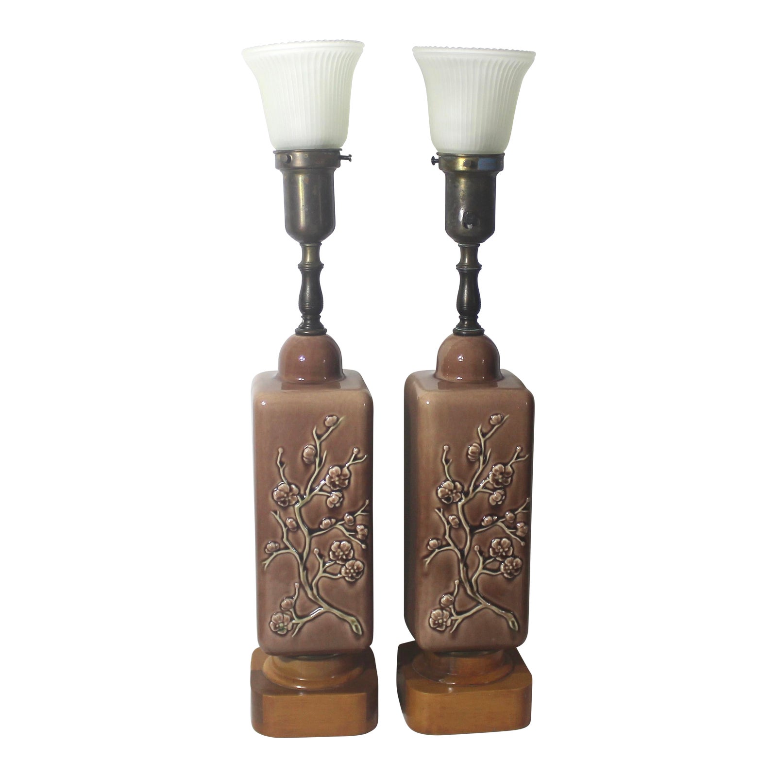 1940's Rembrandt Chinoiserie Floral Ceramic Torchiere Lamps Brown