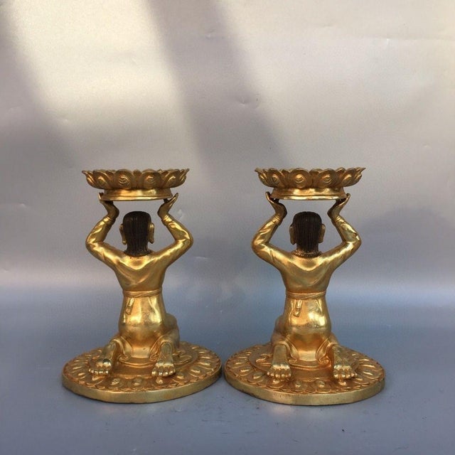 Vintage Pair of Gilt Bronze Kneeling Figure Candlesticks - Buddhist Altar Lamps For Sale - Image 4 of 9