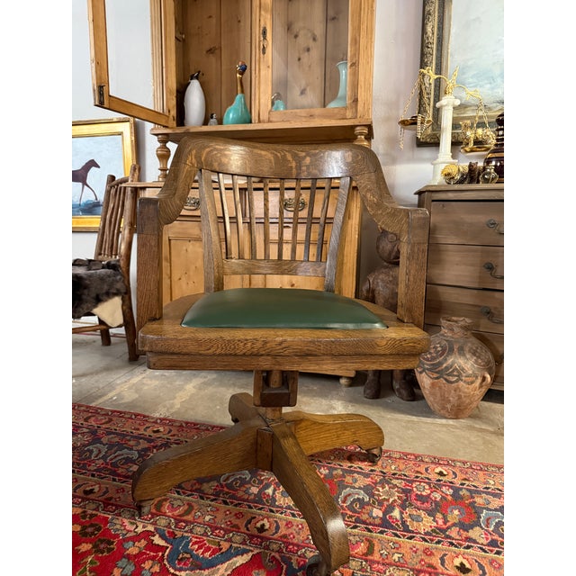 Antique Oak Bankers Chair With Hunters Green Seat For Sale - Image 11 of 12