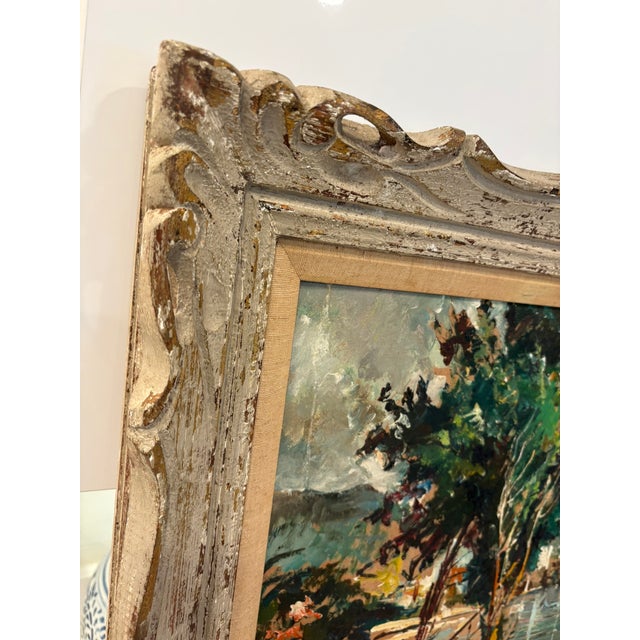 French Country Vintage Textured Impressionist Oil Painting Cote d'Azur Coastal Town Landscape in Carved Wood Frame For Sale - Image 3 of 15