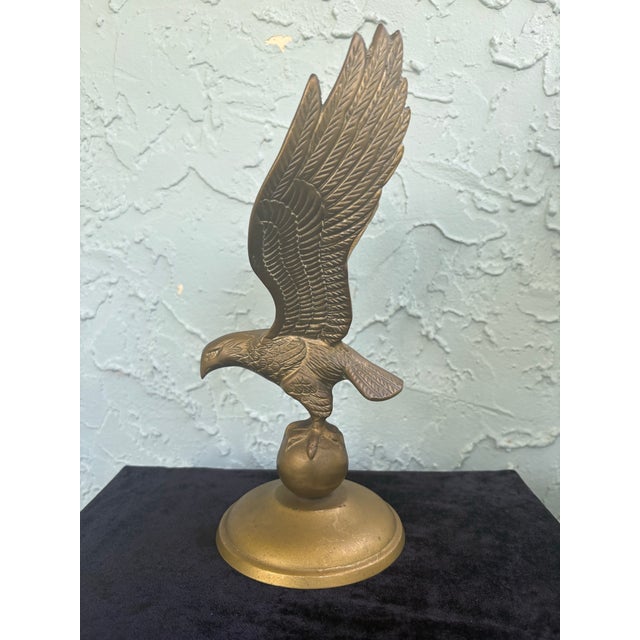 American Vintage Taiwanese Cast Metal Eagle Sculptures on Globe Bases – Pair, 1970s For Sale - Image 3 of 10