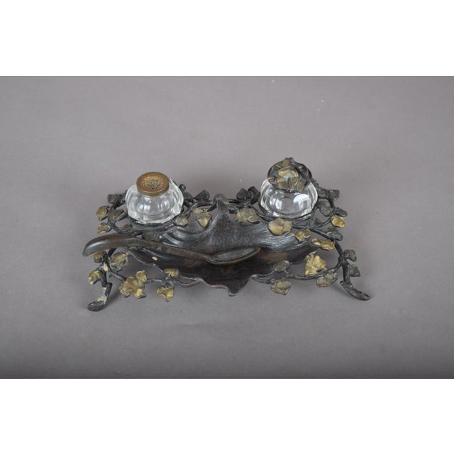 Art Nouveau French Ivy Inkstand with Glass Inkwells, 1900s For Sale - Image 6 of 12