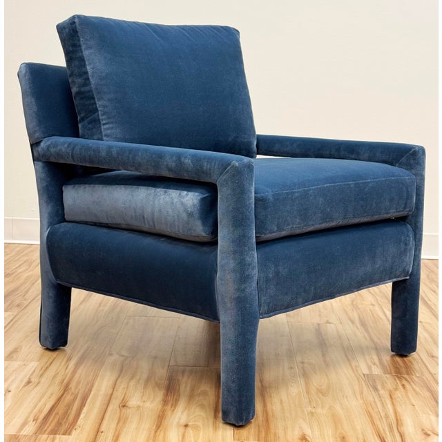 Exceptional Mid Century Modern 1970's Parsons style lounge chair in style attributed to Milo Baughman. This gorgeous piece...