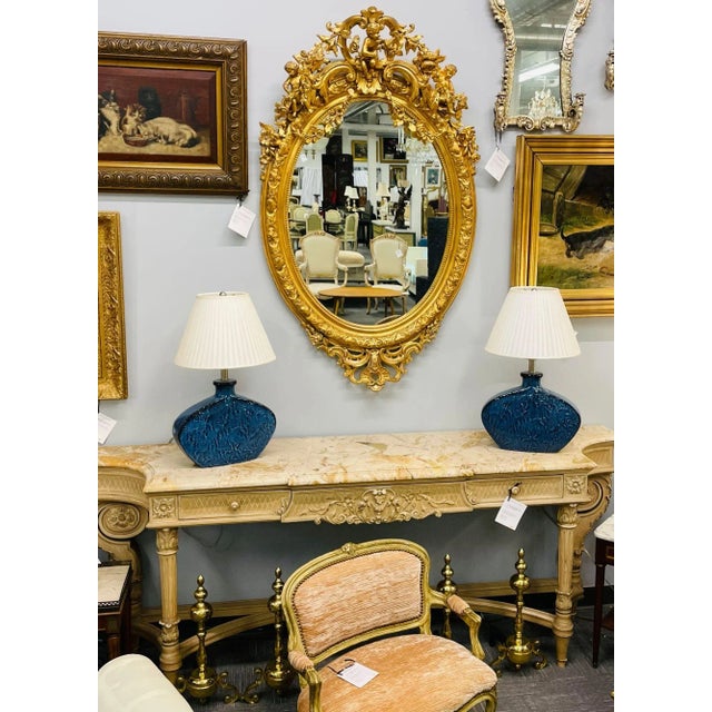 French 19th Century Gilt Wood Carved Wall or Console Mirror. Cherub, Floral Decorated For Sale - Image 3 of 10