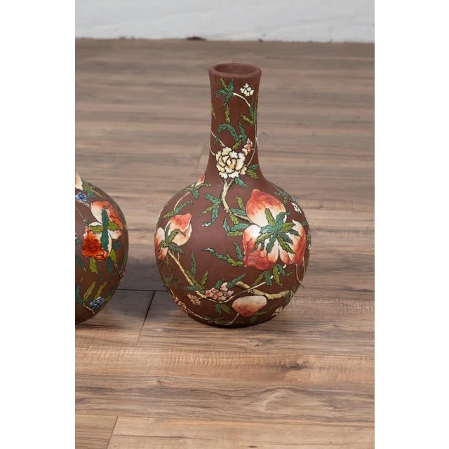 Vintage Chinese Kendi Shape Brown Vases with Floral and Fruit Décor - a Pair For Sale - Image 10 of 13