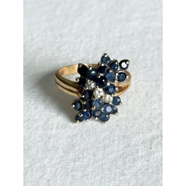 Blue Vintage 14k Yellow Gold Victorian Revival Sapphire & Diamond Waterfall Cluster Ring, Size 7.25 For Sale - Image 8 of 9