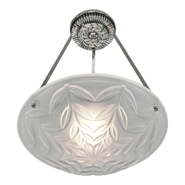 French Art Deco Pendant Light by Degue 1930s - Floral Glass & Nickeled Bronze For Sale