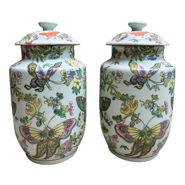 Chinese Famille Rose Butterfly and Floral Lidded Ginger Jars Chinoiserie Urns -a Pair For Sale