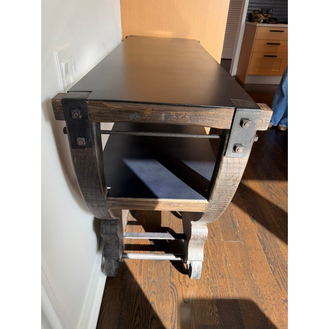 Restoration Hardware Bar Cart — Industrial Modern, Sculptural Wheels, Two‑Tier Design For Sale In Chicago - Image 6 of 8