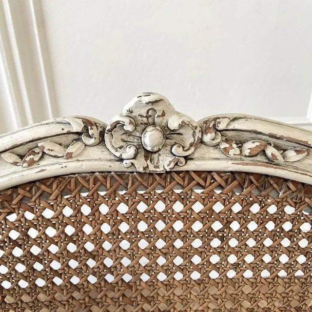 Antique French Painted Cane Back Dining Chairs With Linen Upholstery