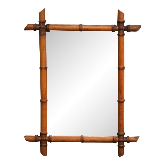 Early 20th Century French Hand Carved Walnut Faux Bamboo Wall Mirror For Sale