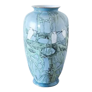 Early 20th Century Hand Painted Japanese Porcelain Vase Depicting Cranes in Forest