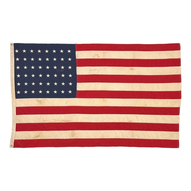 Large Vintage Cotton American Flag With 48 Embroidered Stars For Sale
