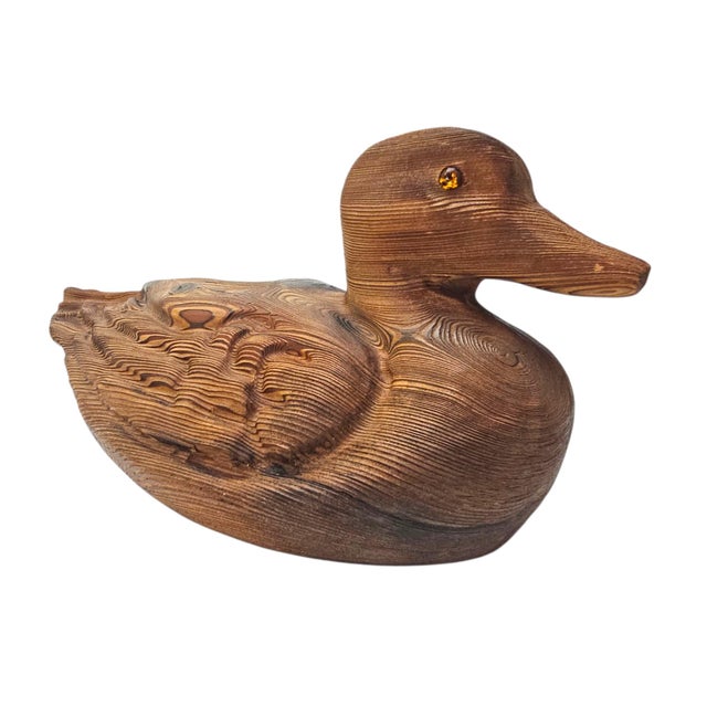 Japanese Showa Period Yakisugi Cryptomeria Duck Sculpture With Glass Eyes 14.5" For Sale - Image 4 of 11