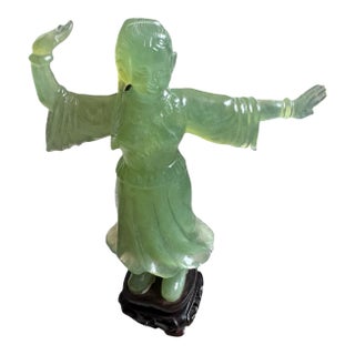 Vintage Chinese Style Carved Celadon Stone Dancer Sculpture on Wood Stand For Sale